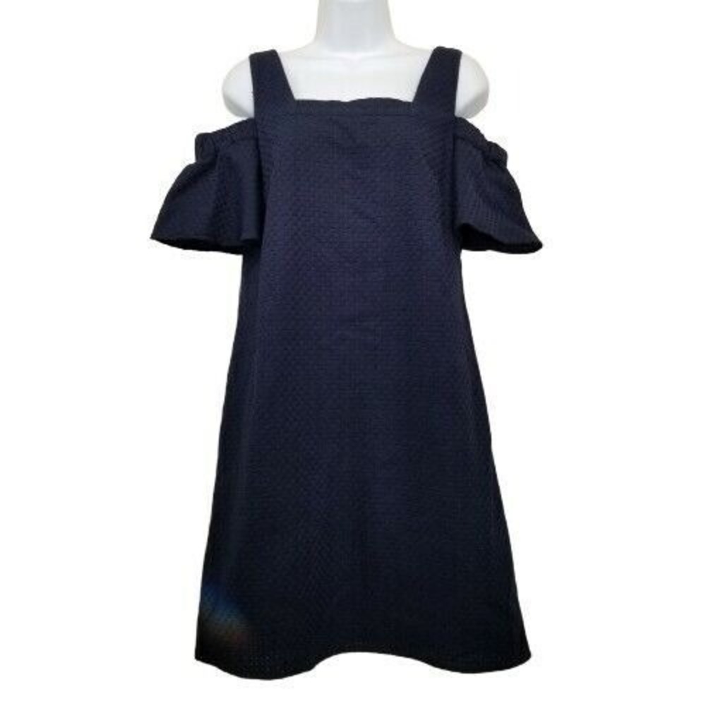 J Crew XS Dress Navy Blue‎ Basket Weave Textured Cold Shoulder Sheath Shift Mini